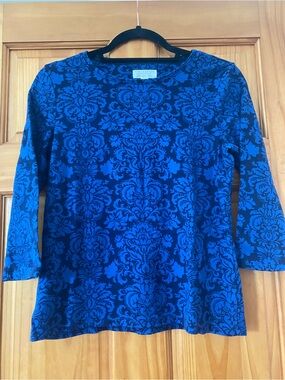 Charter Club Pima Cotton Blue Damask Print Top Petite Medium 3/4 Sleeve